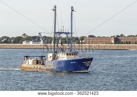 New Bedford, Massachusetts, Usa - October 1, 2018: Commercial Fishing Boat Blue Ocean Homebound On A