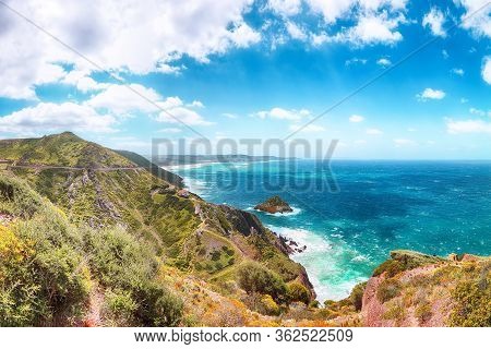 Astonishing Spring View Of Nebida And Fontanamare Coastline With Scoglio Il Morto And Turquoise Sea.