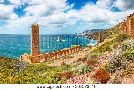 Splendid Spring View Of Ancient Ruins Of Laveria Lamarmora (miniera Di Nebida). Stunning Mediterrane