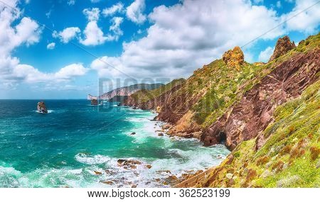 Fantastic Spring View Of Ancient Ruins Of Laveria Lamarmora (miniera Di Nebida) And Nebida Coast. St
