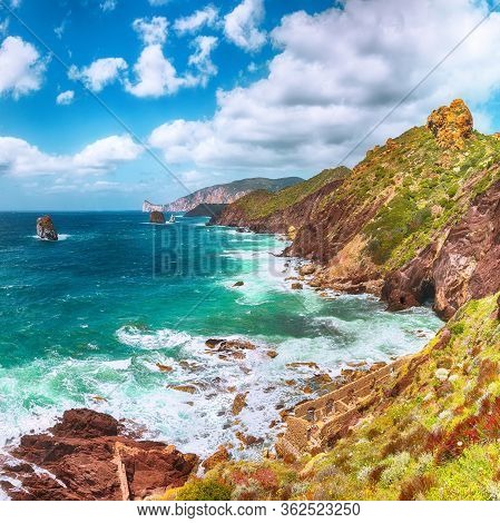Splendid Spring View Of Ancient Ruins Of Laveria Lamarmora (miniera Di Nebida). Stunning Mediterrane