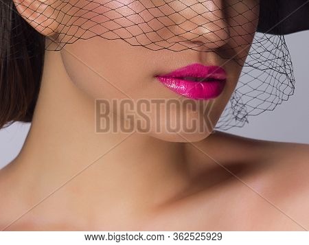 Sexual Full Lips. Natural Gloss Of Lips And Woman's Skin. The Mouth Is Closed. Increase In Lips, Cos