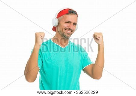 Perfect Sound Concept. Electronic Dance Music And House Tracks. Guy In Cap Listen Music Stereo Headp