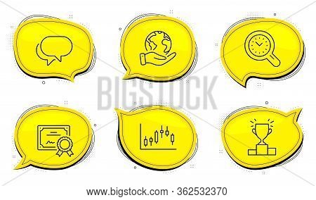 Candlestick Graph Sign. Diploma Certificate, Save Planet Chat Bubbles. Talk Bubble, Time Management 
