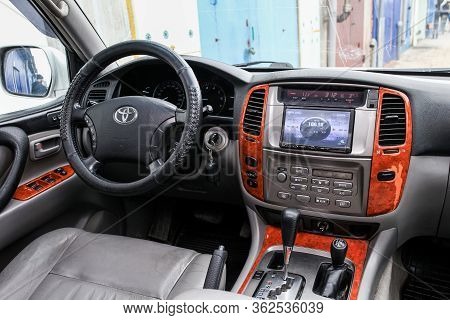 Novyy Urengoy, Russia - April 22, 2020: Interior Of The Offroad Car Toyota Land Cruiser 100.
