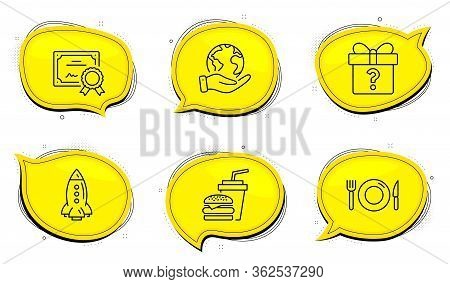 Food Sign. Diploma Certificate, Save Planet Chat Bubbles. Rocket, Hamburger And Secret Gift Line Ico