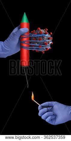 Coronavirus molecule tied to a rocket to expel it away.Lighting on the rocket to expel the virusfrom eart.