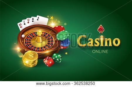 Casino On A Green Background. Dice, Gold Coins, Cards, Roulette And Chips. Vector Illustration