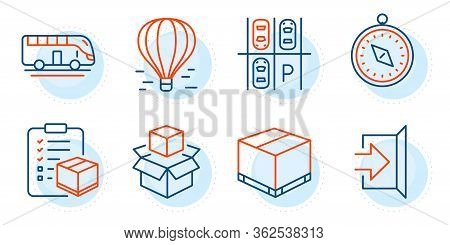Air Balloon, Delivery Box And Packing Boxes Signs. Bus Tour, Parking Place And Exit Line Icons Set. 