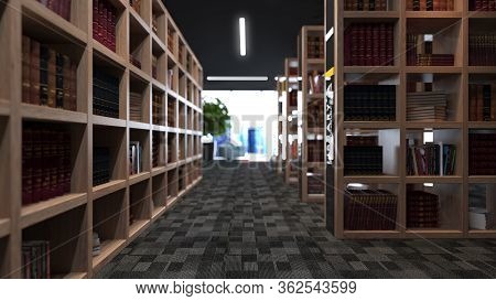 Modern Library Design Consisting Of Wooden Bookcases With Carpet Deep Of Field Effect 3d Rendering