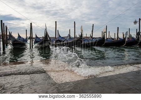 Venice, Italy - 2 november 2018: view on gondola during acqua alta