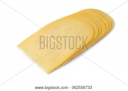 Slices of young Gouda cheese close up isolated on white background