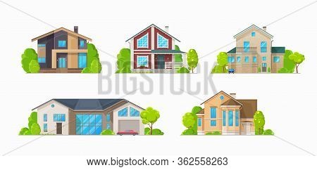 Houses And Residential Buildings, Real Estate Vector Icons. Family House And Mansions, Duplex Apartm