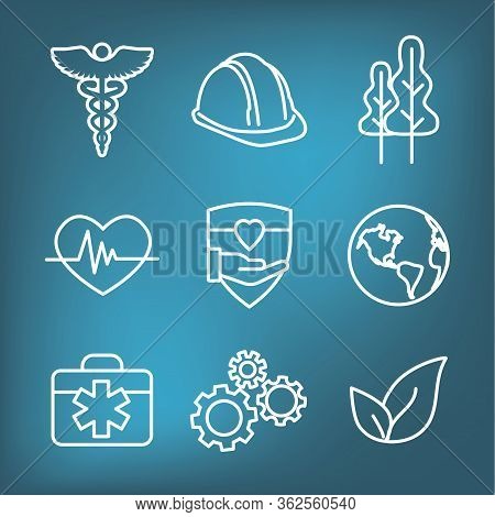 Health Safety & Environment Icon Set  With Medical, Safety, And Leaves Icons