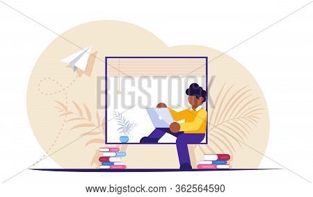 Freelancer Or Employee During Distance Work Sits With Laptop On The Window Sill Near The Window. Mod