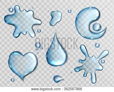 Water Spills Isolated On Transparent Background. Vector Realistic Set Of Liquid Puddles In Shape Of 