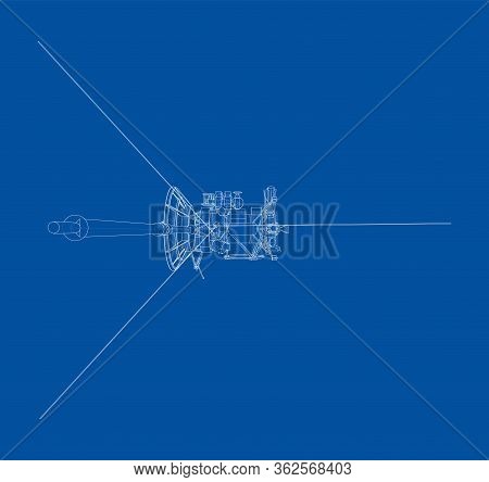 Communication Satellite Concept Outline. Vector Rendering Of 3d. Wire-frame Style. The Layers Of Vis