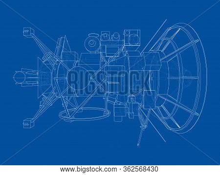 Communication Satellite Concept Outline. Vector Rendering Of 3d. Wire-frame Style. The Layers Of Vis