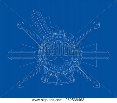 Communication Satellite Concept Outline. Vector Rendering Of 3d. Wire-frame Style. The Layers Of Vis