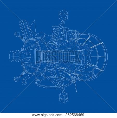 Communication Satellite Concept Outline. Vector Rendering Of 3d. Wire-frame Style. The Layers Of Vis