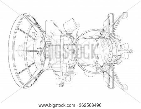 Communication Satellite Concept Outline. Vector Rendering Of 3d. Wire-frame Style. The Layers Of Vis