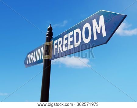 Two-directional metal signpost indicating Freedom and Tyranny directions over blue sky