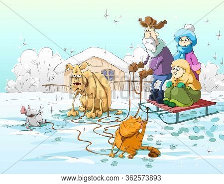 Family And Their Pets Are Trying To Go For A Walk