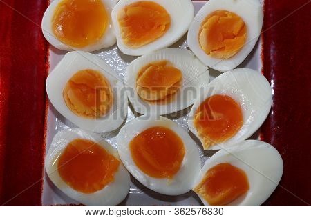 Halfs Of Hard Boiled Free-range Eggs On Plate