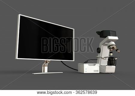 White Lab Microscope, System Block And Blank Screen Isolated, Realistic 3d Illustration Of Object Wi