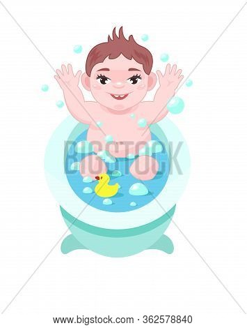 Little Cute Baby Bathes In Bath With Water, Has Fun.
