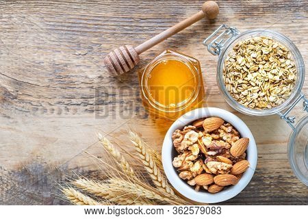 Set Of Products To Boost The Immune System. Honey, Lemon, Nuts, Ginger To Immunity Boosting. Top Vie