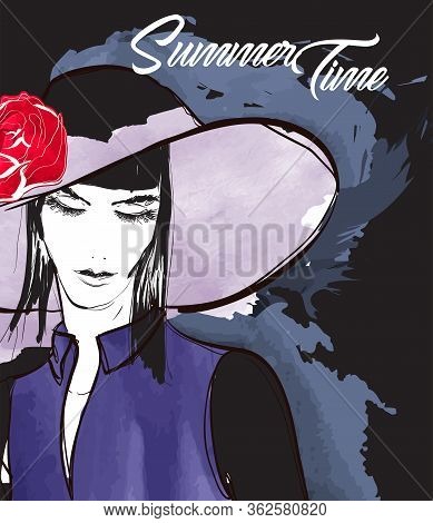 Beautiful Young Woman With Hat. Fashion Sketch. Fashion Girls Face. Hand-drawn Fashion Model. Woman