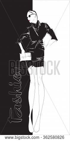 Beautiful Young Woman In Modern Style. Hand Drawn Stylish Woman Portrait. Fashion Lady. Festive Outf