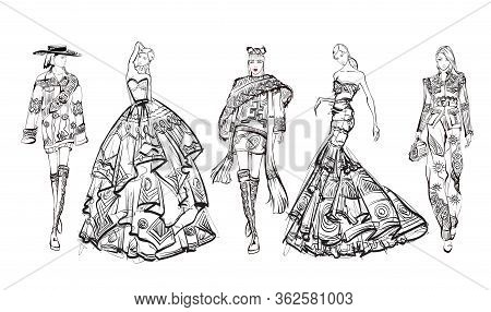 Beautiful Young Women In Ethnic Style.. Hand Drawn Stylish Woman Portrait. Fashion Lady. Festive Out