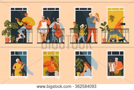 The Concept Of Social Isolation During The Coronavirus Pandemic. People Playing Musical Instruments,