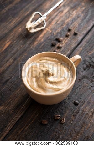 Dalgona Coffee. Trendy Corean Recipe Of Whipped Coffee, Reverse Latte Or Homemade Dalgona Coffee On 