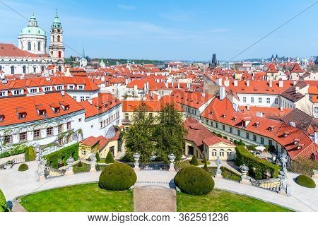 Vrtbovska Garden In Prague. Terraced Baroque Garden And Overview Of Lesser Town With St Nicholas Chu