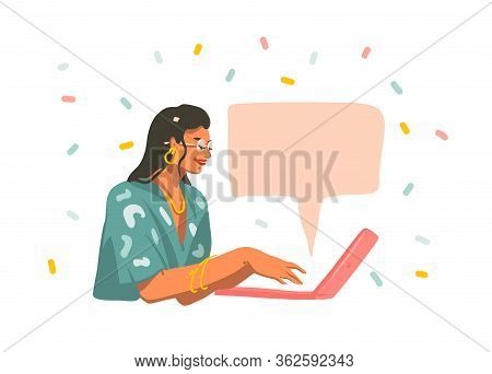 Hand Drawn Vector Abstract Stock Graphic Illustration With Young Smiling Female Working On Laptop Co