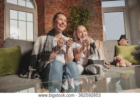 Tea Drinking, Talking. Mother And Daughter During Self-insulation At Home While Quarantined, Family 
