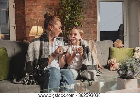Tea Drinking, Talking. Mother And Daughter During Self-insulation At Home While Quarantined, Family 