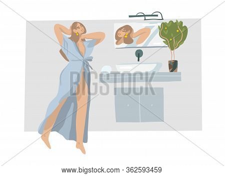 Hand Drawn Vector Stock Abstract Graphic Cartoon Illustration With Young Woman Character, Admires Th