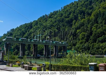Maribor, Slovenia - August 09, 2019: The Fala Hydro Power Plant. The Hidroelektrarna Fala Started In