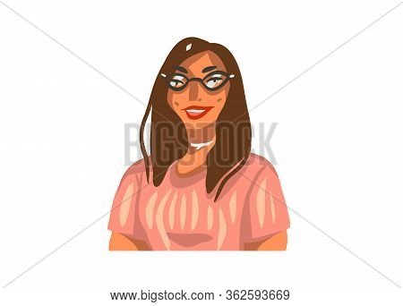 Hand Drawn Vector Abstract Stock Graphic Illustration With Young Smiling Beautiful Female With Glass