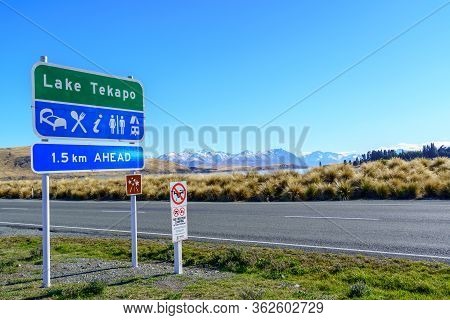 Tekapo / New Zealand, April 7 2019 ; Information Sign Beside State Highway 8 Before Arrival Lake Tek