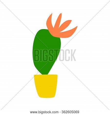 Little Cute Blooming Cactus In A Flower Pot. Succulents Home Plant Hand Drawn Simple Flat Scandinavi