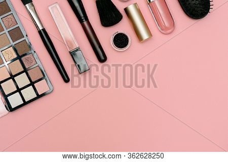 Makeup Kit, Makeup Brushes, Tulip Flower On A Pink Background