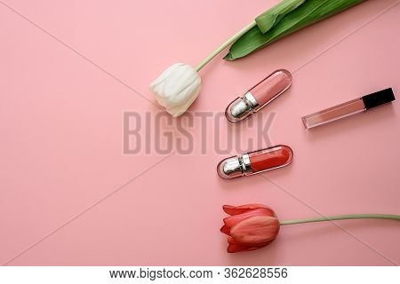 Makeup Kit, Makeup Brushes, Tulip Flower On A Pink Background