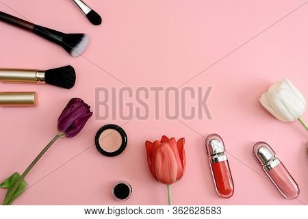Makeup Kit, Makeup Brushes, Tulip Flower On A Pink Background