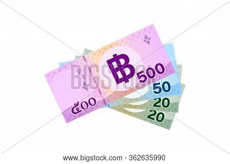 Thai Banknote Money 590 Baht Isolated On White, Thai Currency Five Hundred And Fifty Thb Concept, Mo