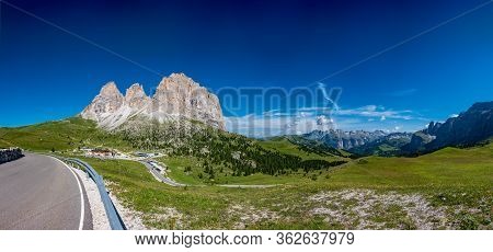 Panoramic Road And Landmark In The Sella Pass, Dolomites
